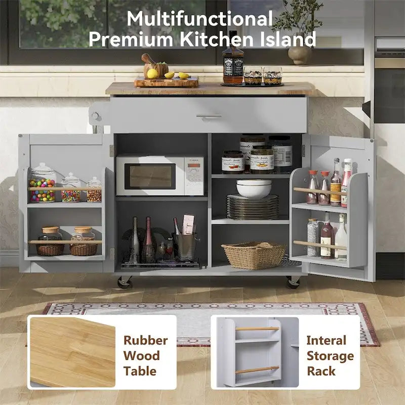 Rolling Kitchen Cart with Drop-Leaf Rubberwood Top and Storage