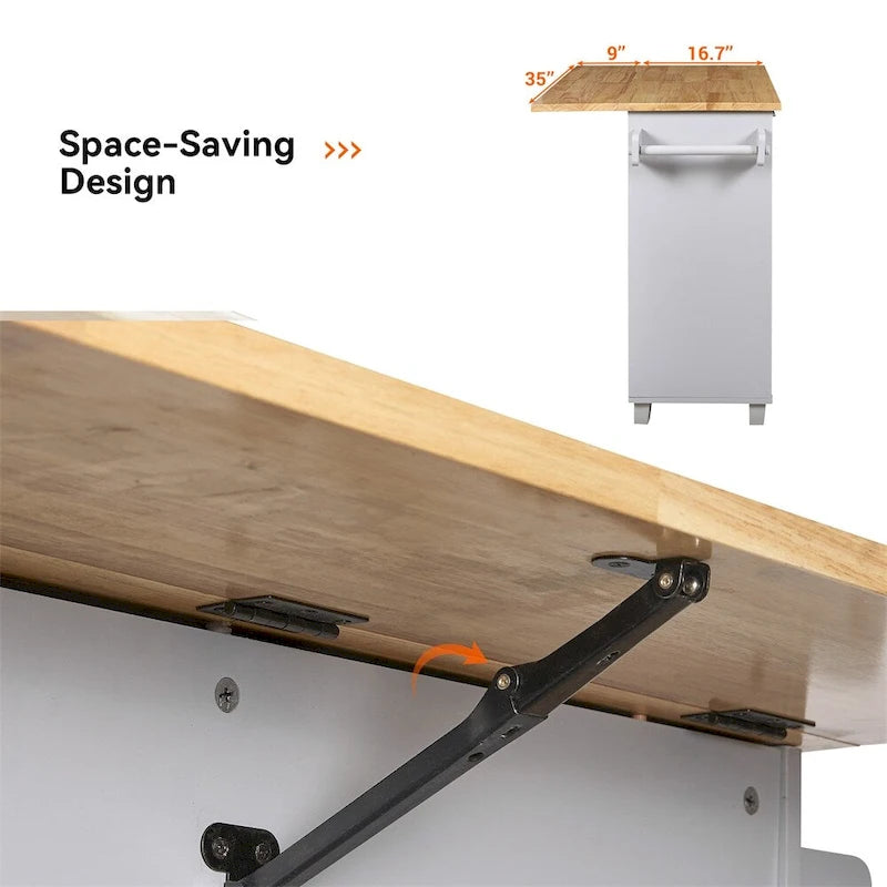 Rolling Kitchen Cart with Drop-Leaf Rubberwood Top and Storage