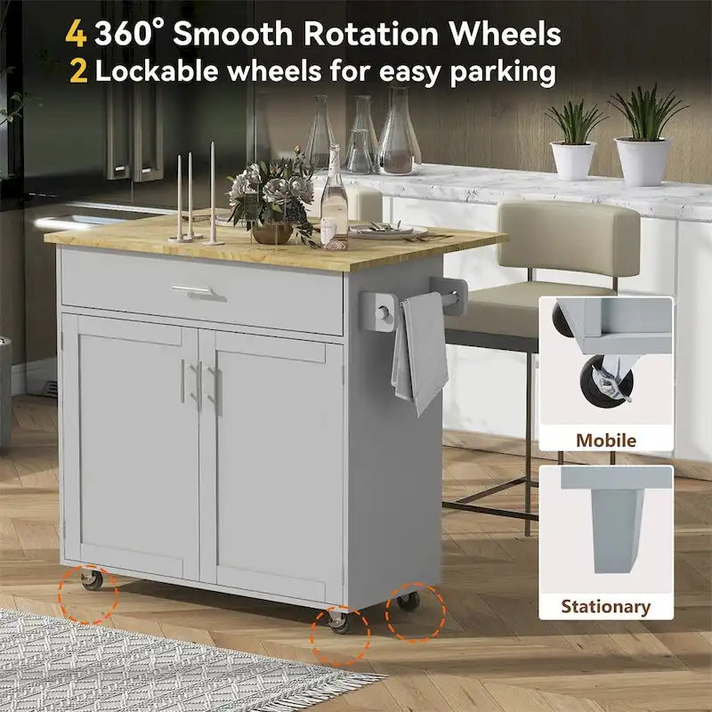 Rolling Kitchen Cart with Drop-Leaf Rubberwood Top and Storage
