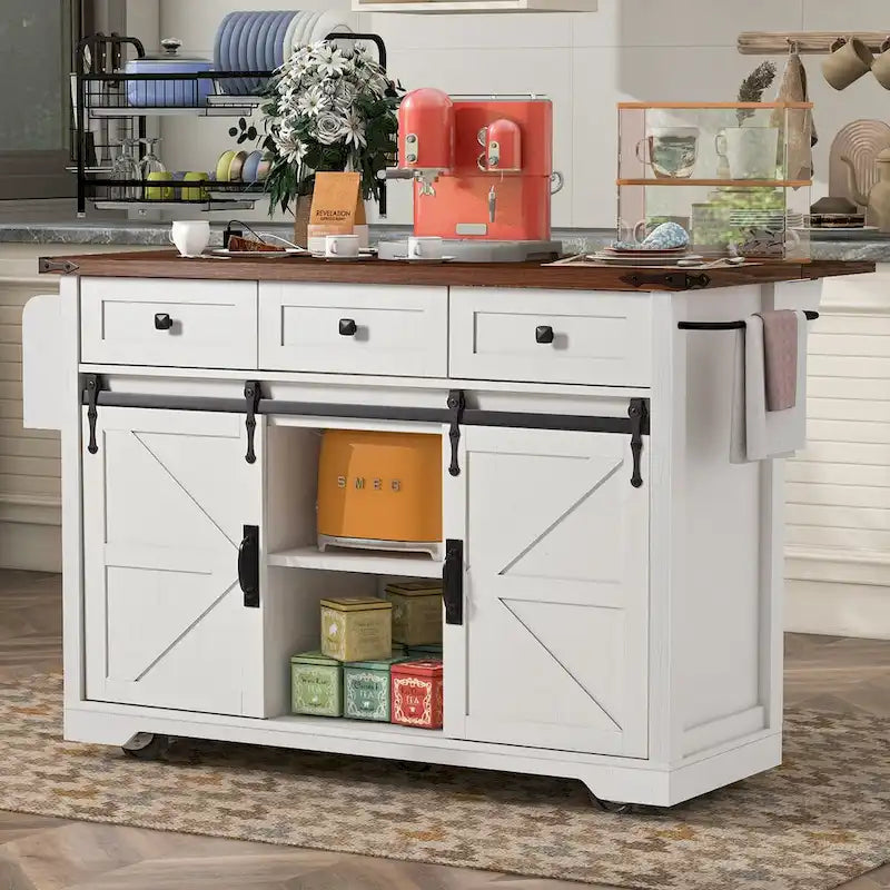 53.75-Inch Rolling Farmhouse Kitchen Island with Power Outlets and Barn Doors