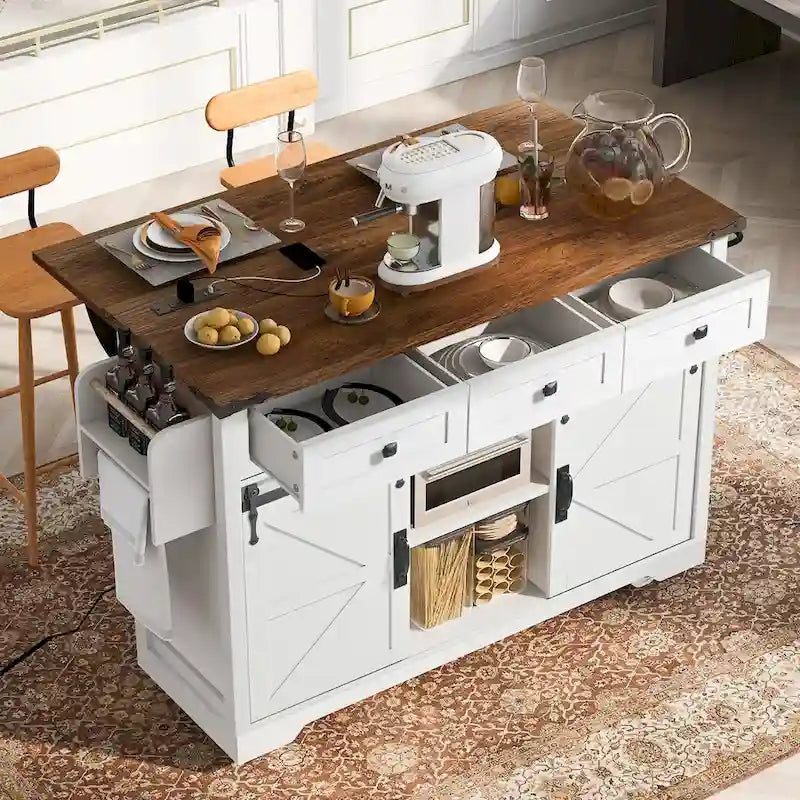 53.75-Inch Rolling Farmhouse Kitchen Island with Power Outlets and Barn Doors