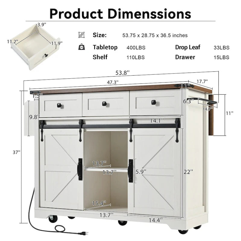 53.75-Inch Rolling Farmhouse Kitchen Island with Power Outlets and Barn Doors
