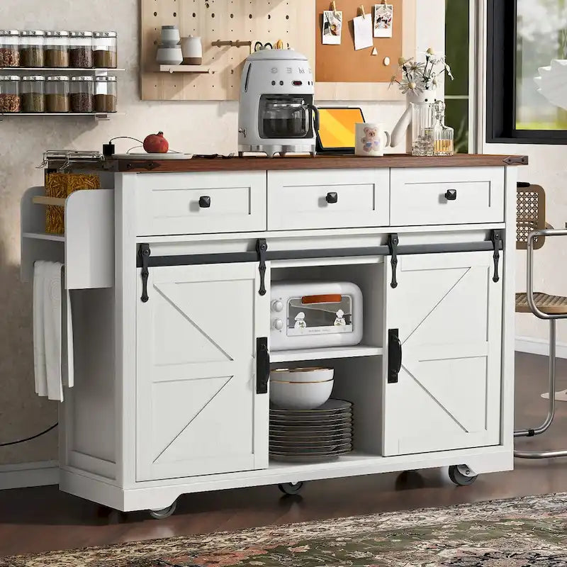 53.75-Inch Rolling Farmhouse Kitchen Island with Power Outlets and Barn Doors