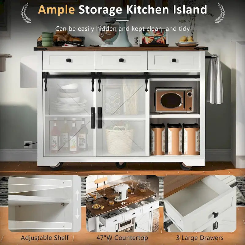 53.75-Inch Rolling Farmhouse Kitchen Island with Power Outlets and Barn Doors