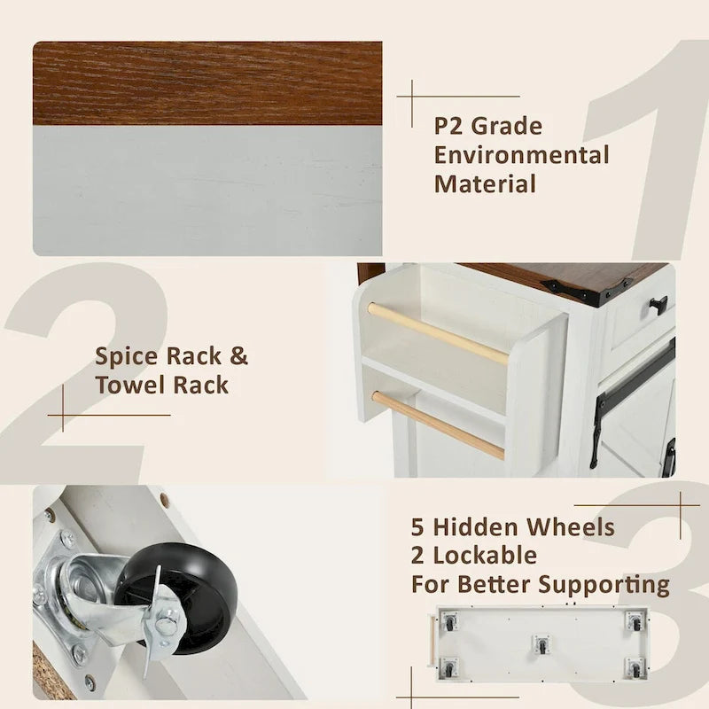 53.75-Inch Rolling Farmhouse Kitchen Island with Power Outlets and Barn Doors