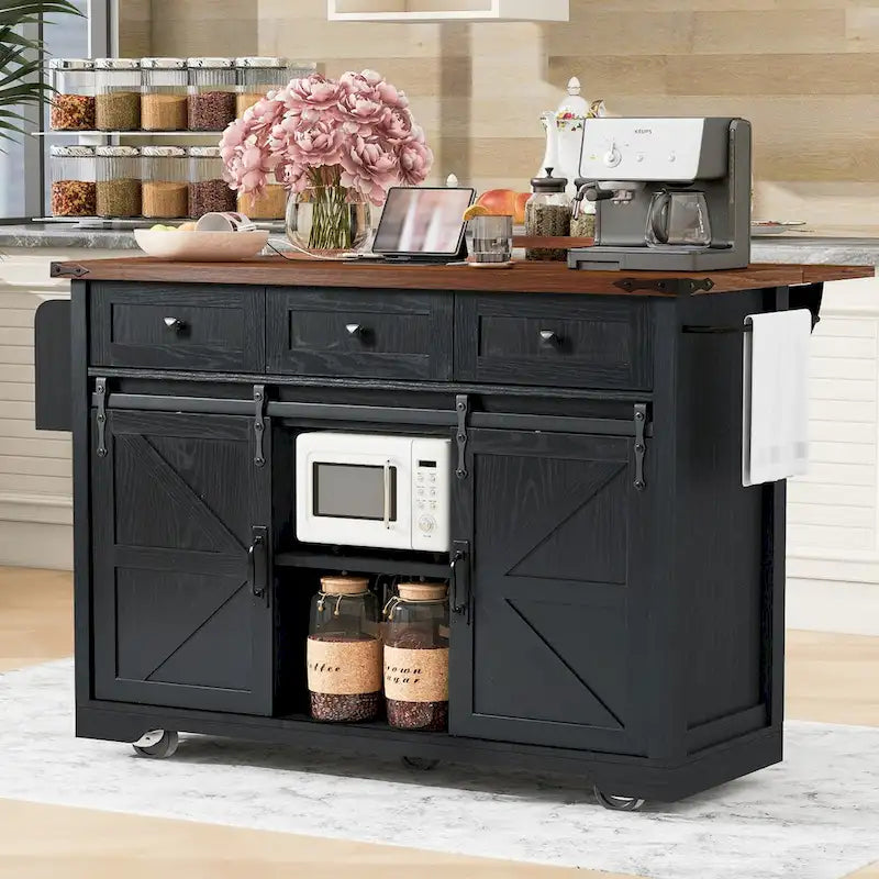 53.75-Inch Rolling Farmhouse Kitchen Island with Power Outlets and Barn Doors