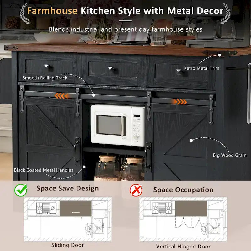 53.75-Inch Rolling Farmhouse Kitchen Island with Power Outlets and Barn Doors