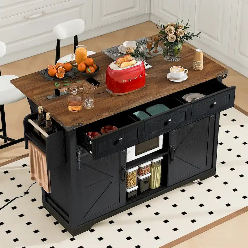 53.75-Inch Rolling Farmhouse Kitchen Island with Power Outlets and Barn Doors