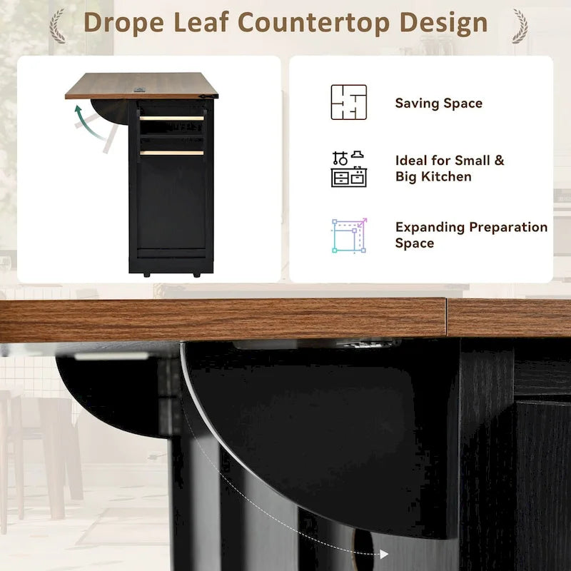 53.75-Inch Rolling Farmhouse Kitchen Island with Power Outlets and Barn Doors