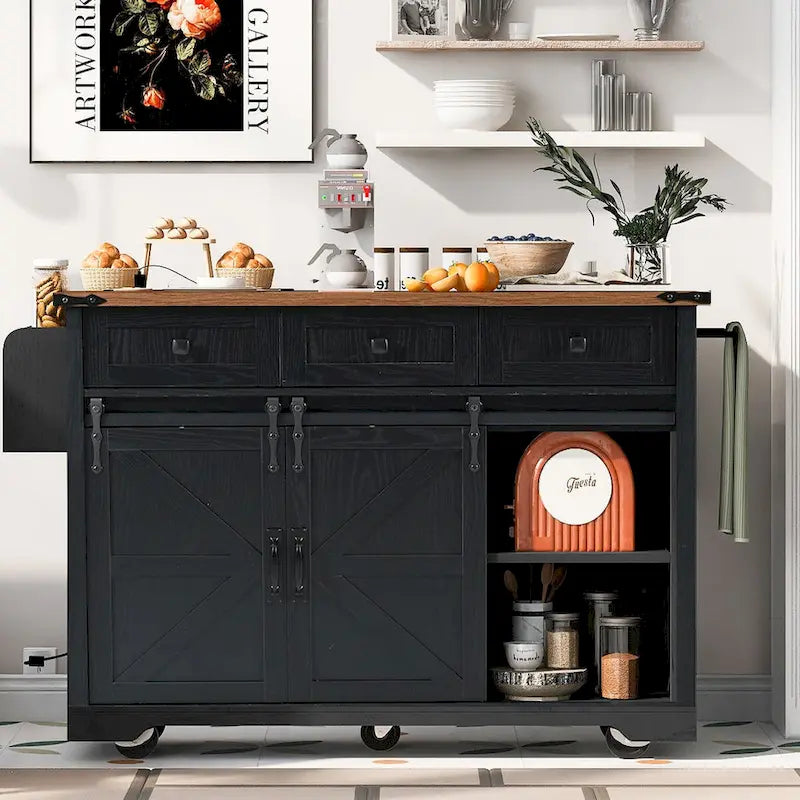 53.75-Inch Rolling Farmhouse Kitchen Island with Power Outlets and Barn Doors