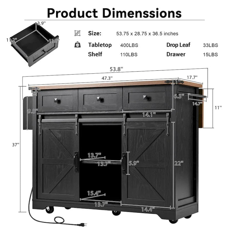 53.75-Inch Rolling Farmhouse Kitchen Island with Power Outlets and Barn Doors