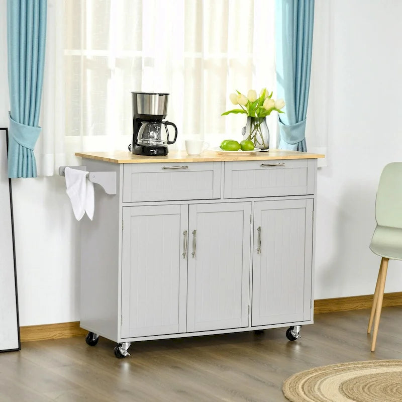 Rolling Kitchen Island with Wood Top, Drawers and Cabinets