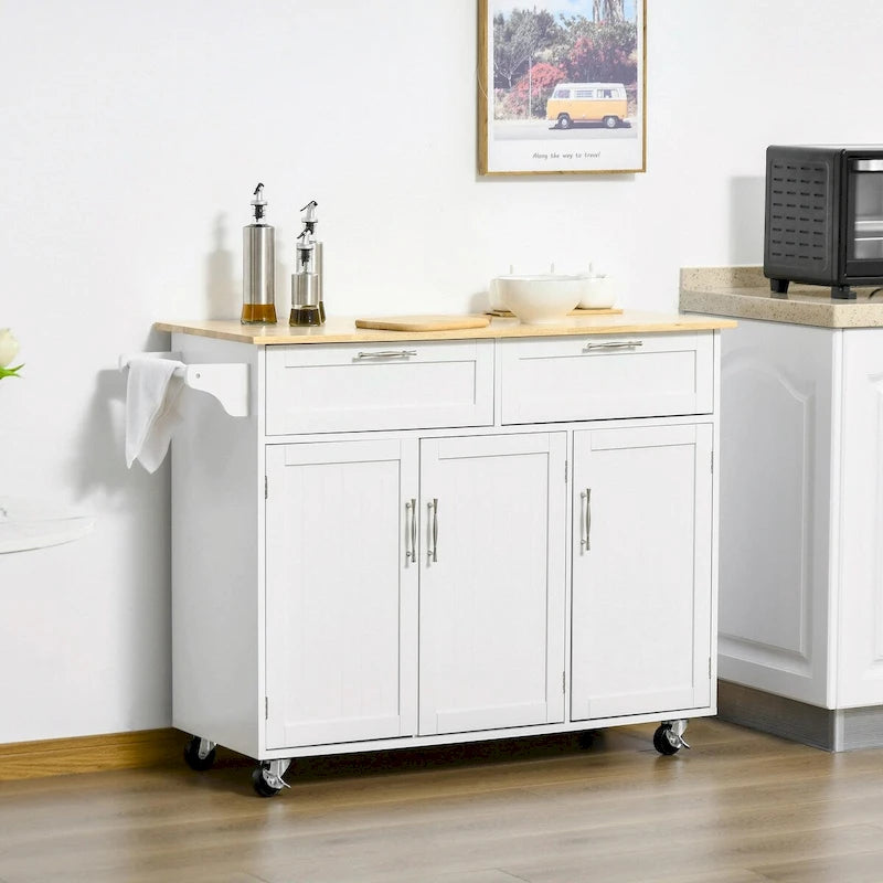Rolling Kitchen Island with Wood Top, Drawers and Cabinets