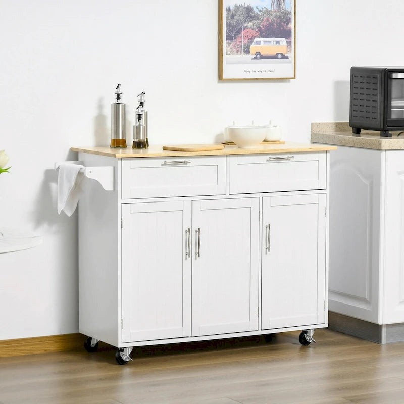 Rolling Kitchen Island with Wood Top, Drawers and Cabinets