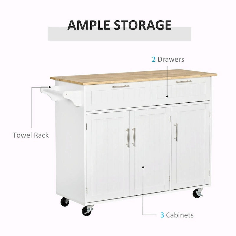 Rolling Kitchen Island with Wood Top, Drawers and Cabinets