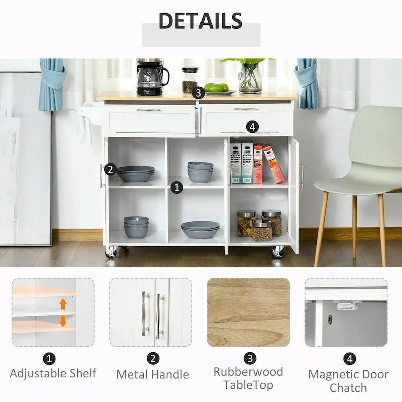 Rolling Kitchen Island with Wood Top, Drawers and Cabinets