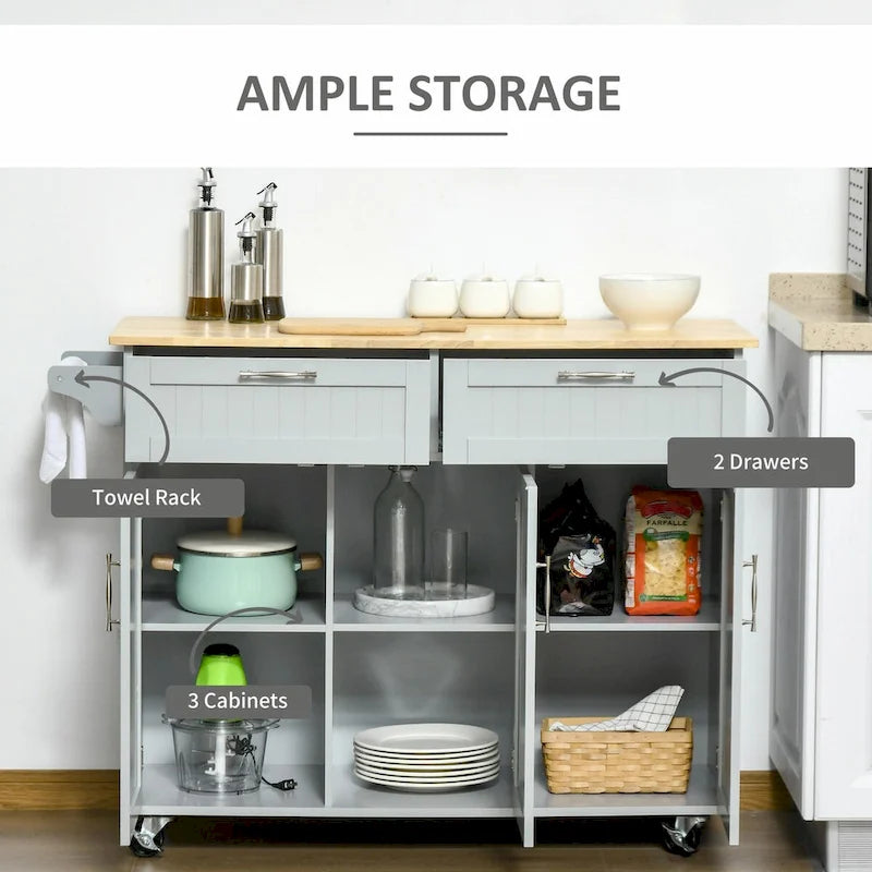 Rolling Kitchen Island with Wood Top, Drawers and Cabinets