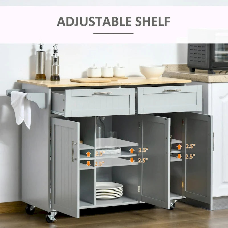 Rolling Kitchen Island with Wood Top, Drawers and Cabinets
