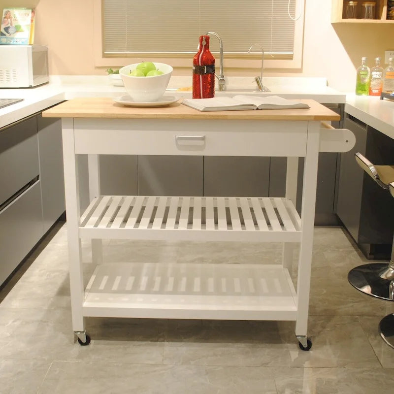 MDF Kitchen Island Cart with Storage and Lockable Wheels