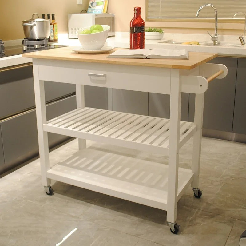 MDF Kitchen Island Cart with Storage and Lockable Wheels