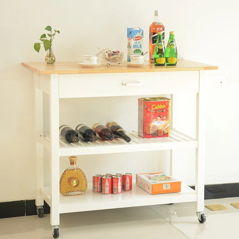 MDF Kitchen Island Cart with Storage and Lockable Wheels