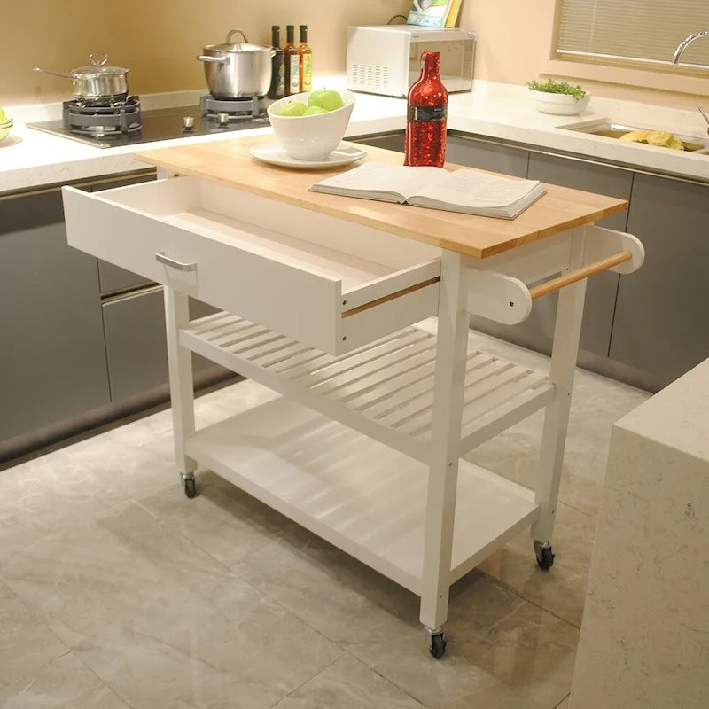 MDF Kitchen Island Cart with Storage and Lockable Wheels
