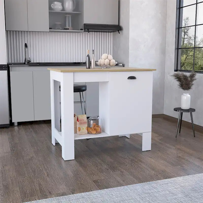 Wooden Kitchen Island with Cabinet and Open Shelf