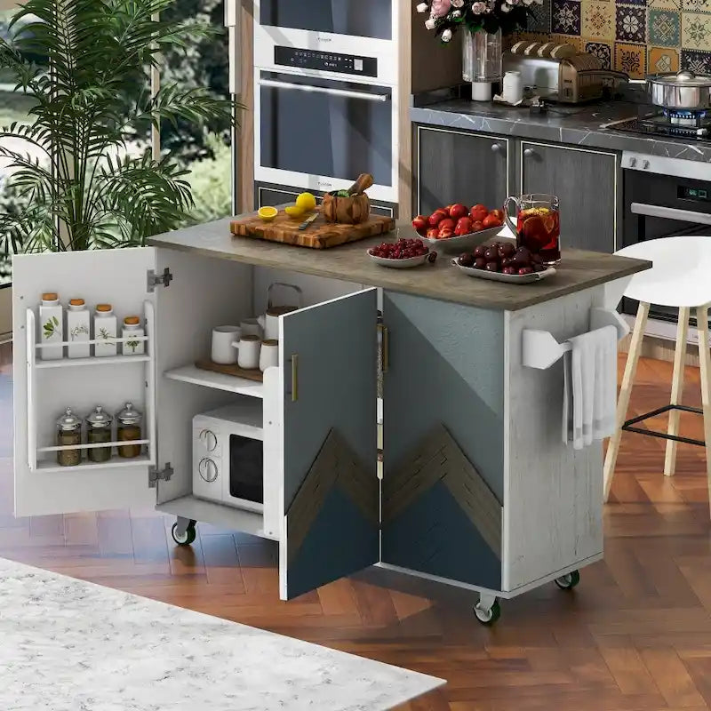 51-Inch Farmhouse Kitchen Island with Drop Leaf and Storage