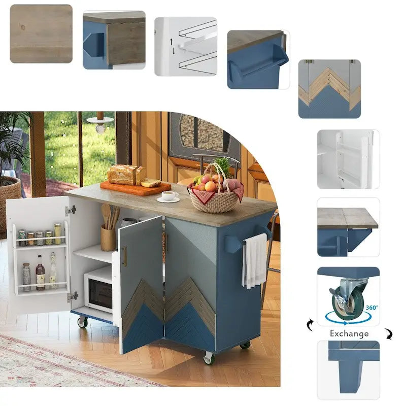 51-Inch Farmhouse Kitchen Island with Drop Leaf and Storage