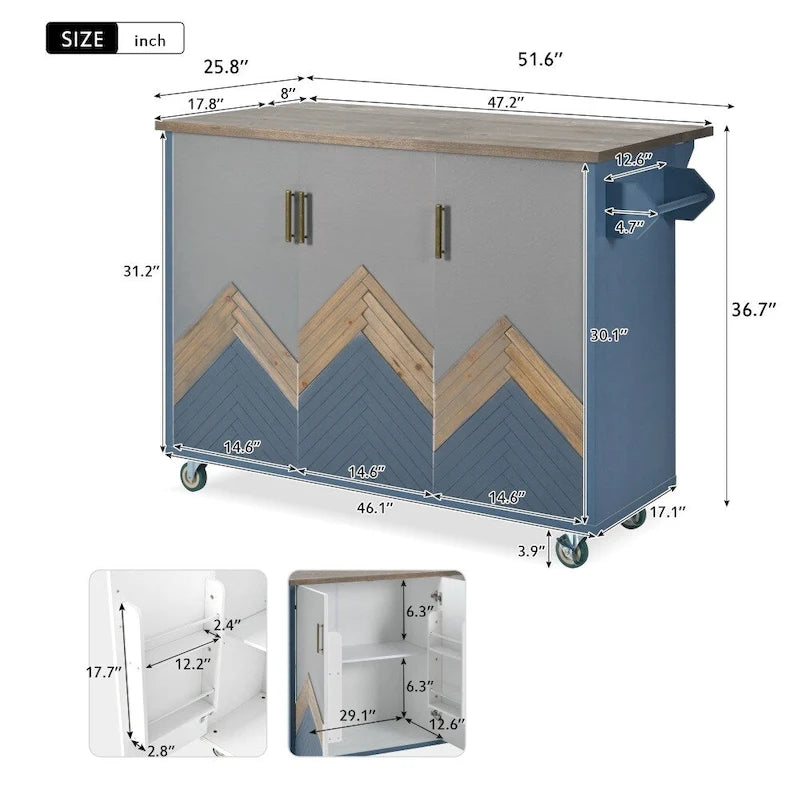 51-Inch Farmhouse Kitchen Island with Drop Leaf and Storage