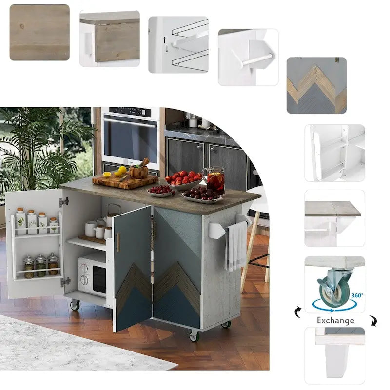 51-Inch Farmhouse Kitchen Island with Drop Leaf and Storage