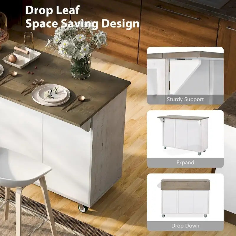 51-Inch Farmhouse Kitchen Island with Drop Leaf and Storage