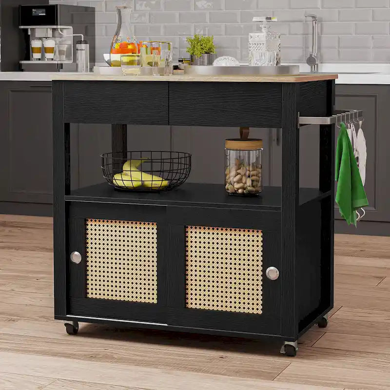 Rattan Rolling Kitchen Island with Storage Cabinet - 32.2L x 19.5W x 35H