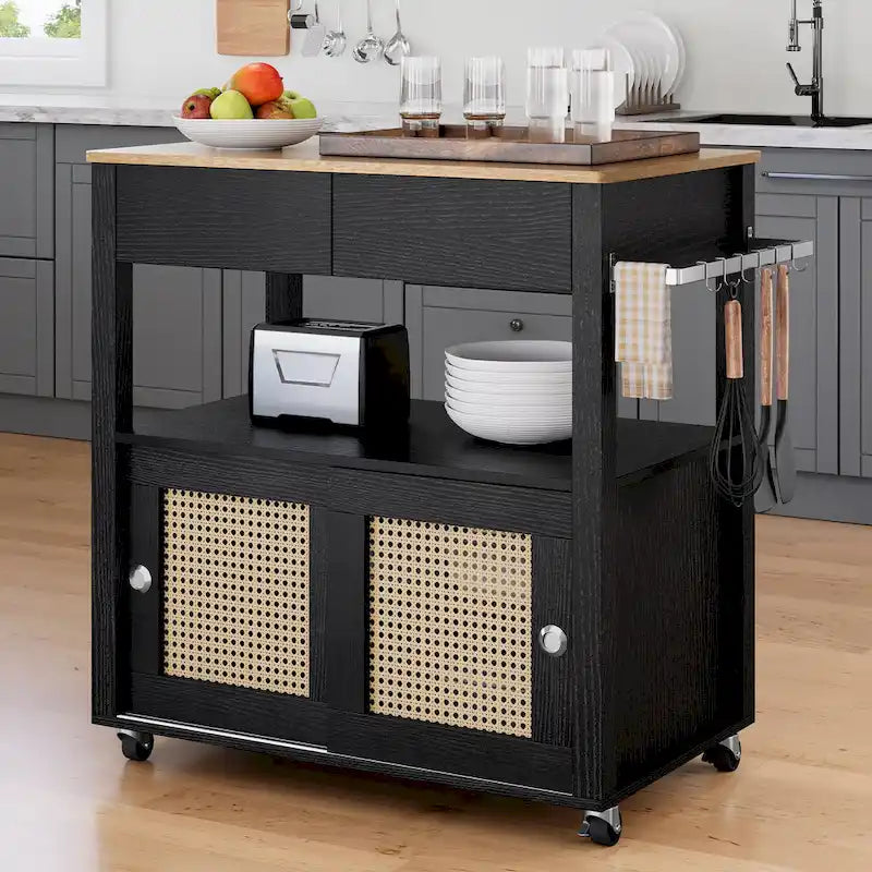 Rattan Rolling Kitchen Island with Storage Cabinet - 32.2L x 19.5W x 35H