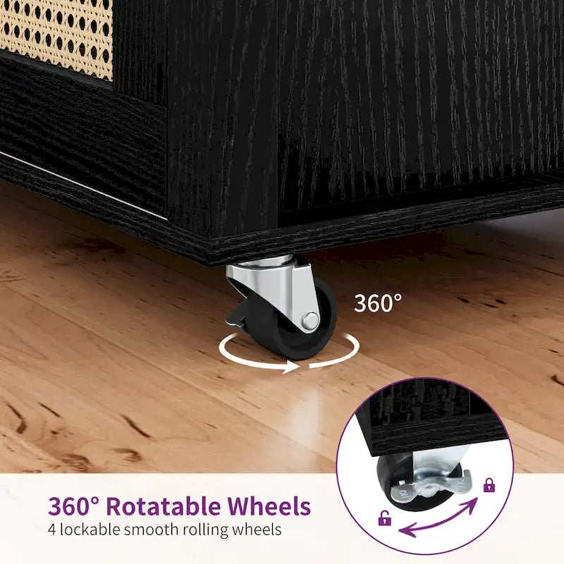 Rattan Rolling Kitchen Island with Storage Cabinet - 32.2L x 19.5W x 35H
