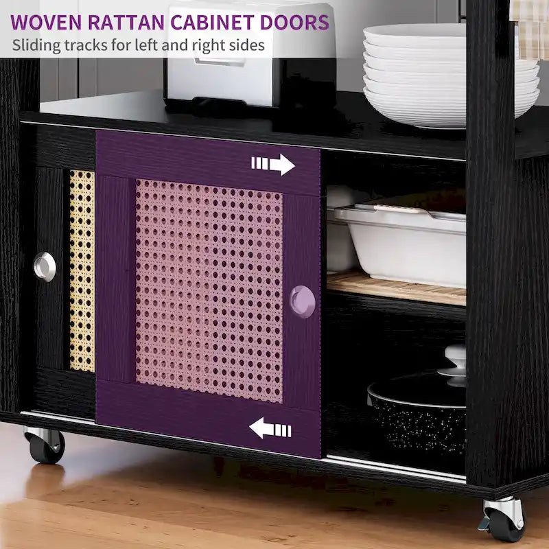 Rattan Rolling Kitchen Island with Storage Cabinet - 32.2L x 19.5W x 35H