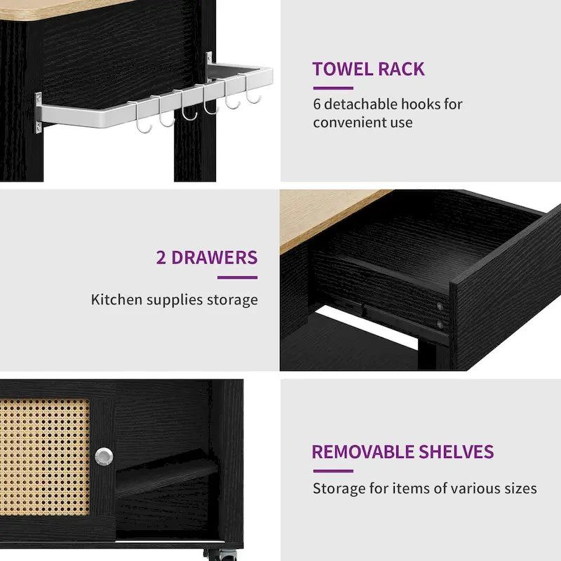 Rattan Rolling Kitchen Island with Storage Cabinet - 32.2L x 19.5W x 35H