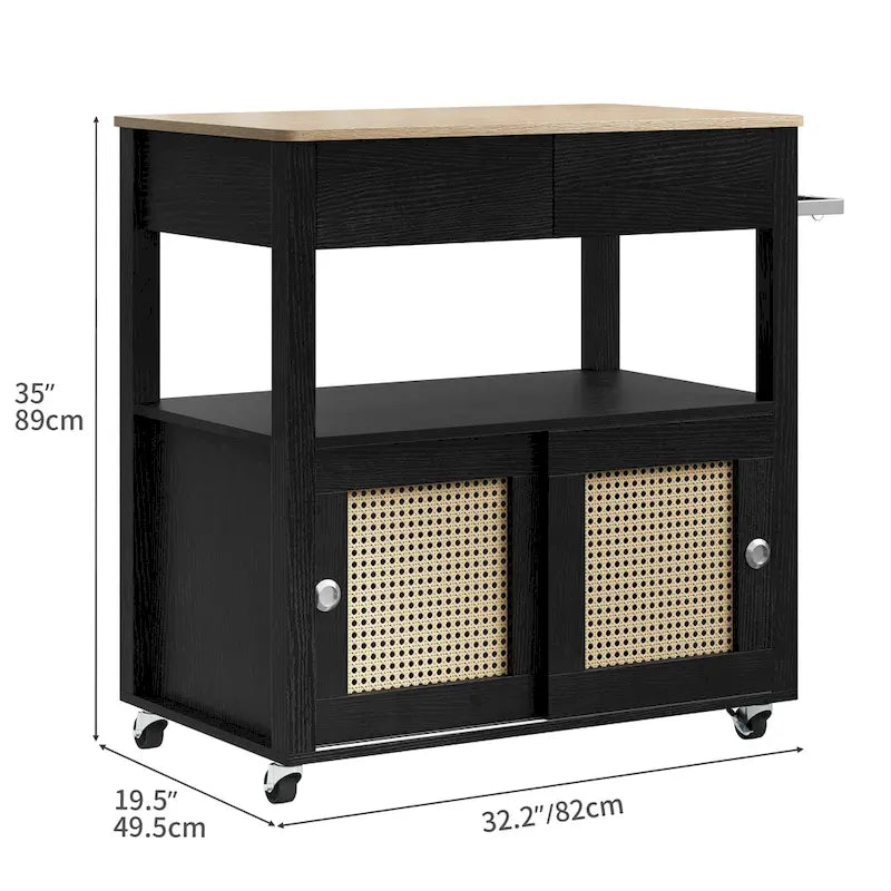 Rattan Rolling Kitchen Island with Storage Cabinet - 32.2L x 19.5W x 35H