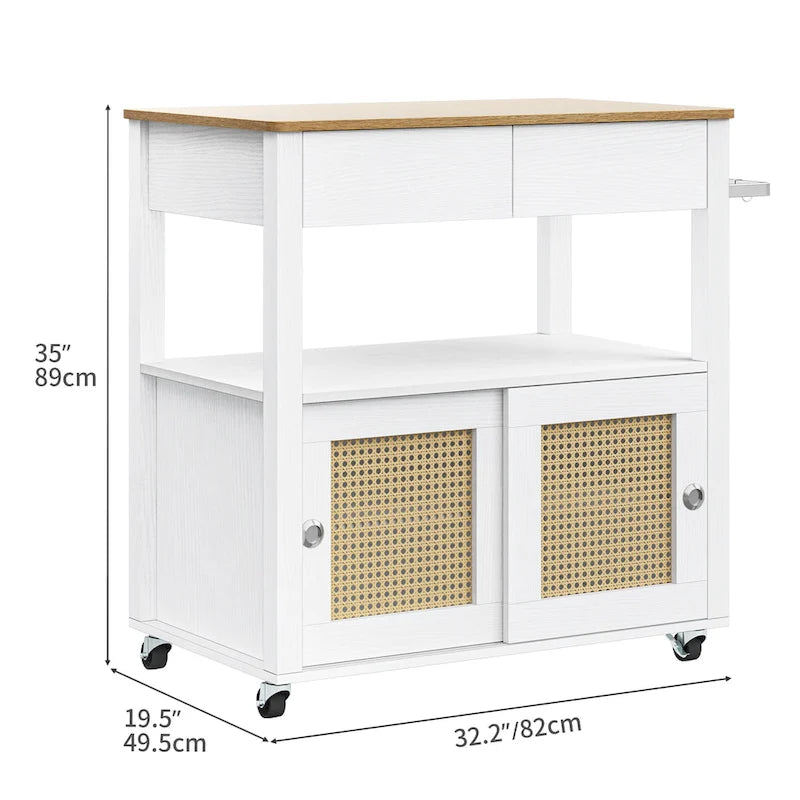 Rattan Rolling Kitchen Island with Storage Cabinet - 32.2L x 19.5W x 35H