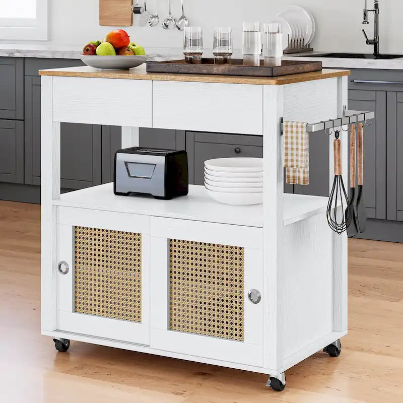 Rattan Rolling Kitchen Island with Storage Cabinet - 32.2L x 19.5W x 35H