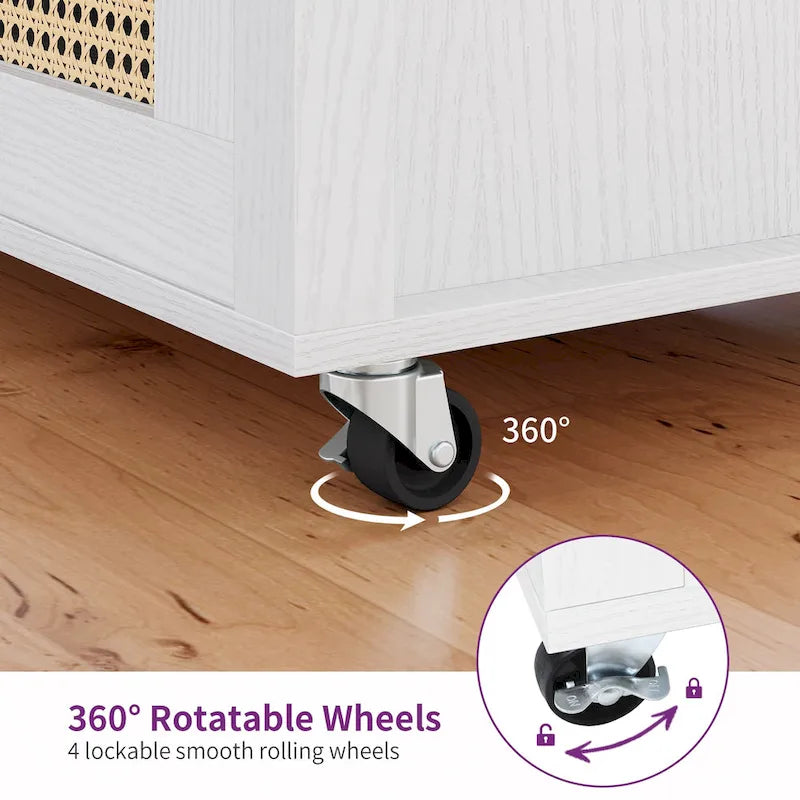 Rattan Rolling Kitchen Island with Storage Cabinet - 32.2L x 19.5W x 35H