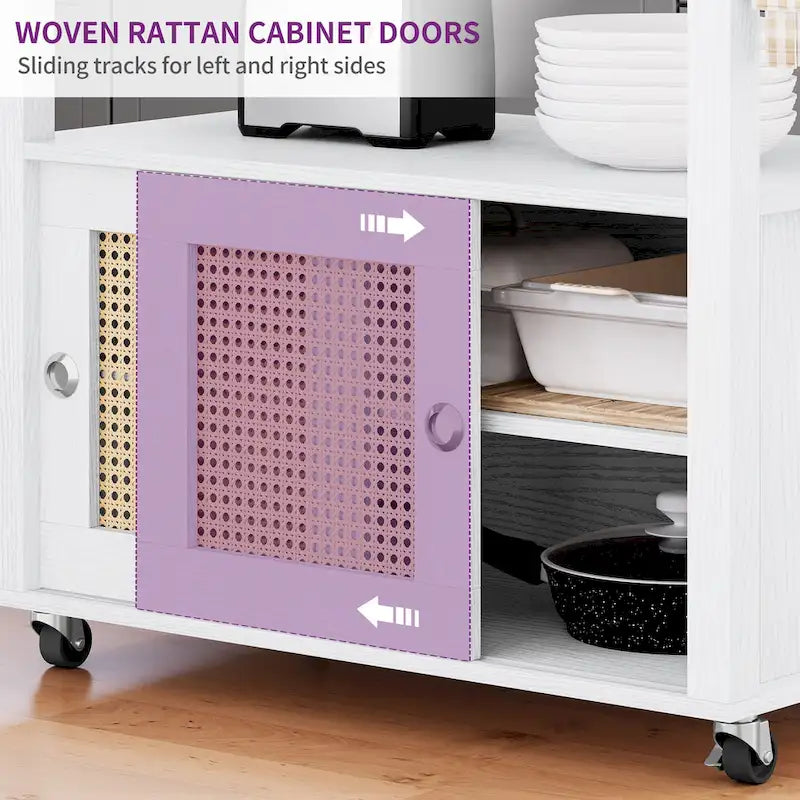 Rattan Rolling Kitchen Island with Storage Cabinet - 32.2L x 19.5W x 35H