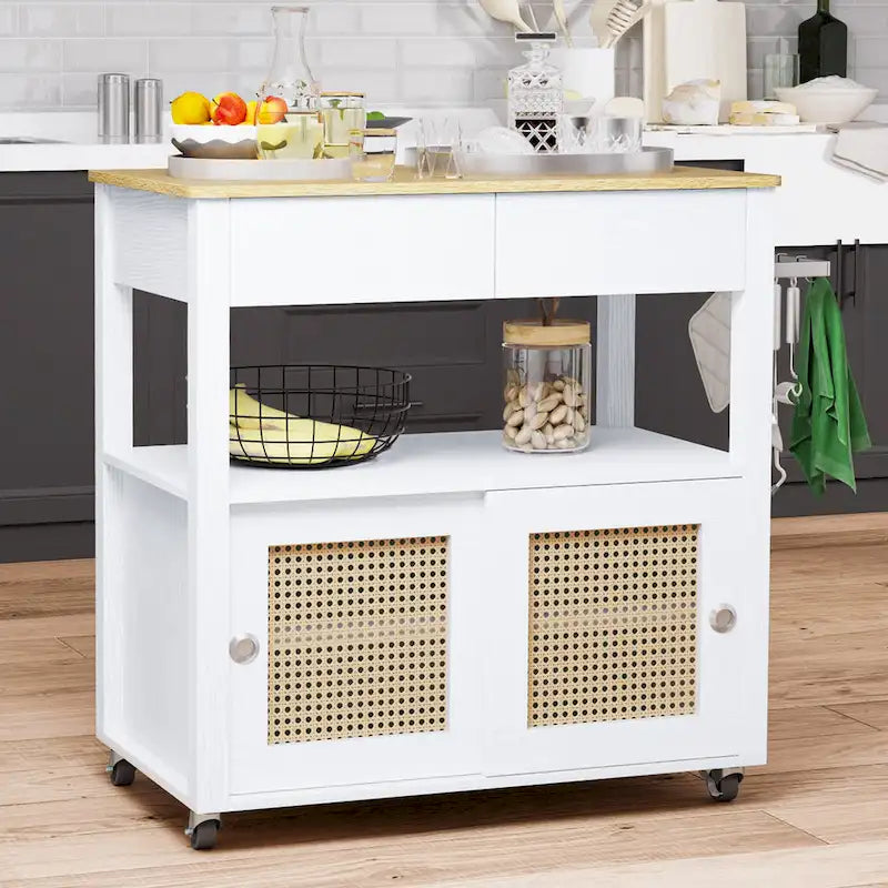 Rattan Rolling Kitchen Island with Storage Cabinet - 32.2L x 19.5W x 35H