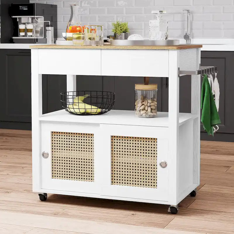 Rattan Rolling Kitchen Island with Storage Cabinet - 32.2L x 19.5W x 35H