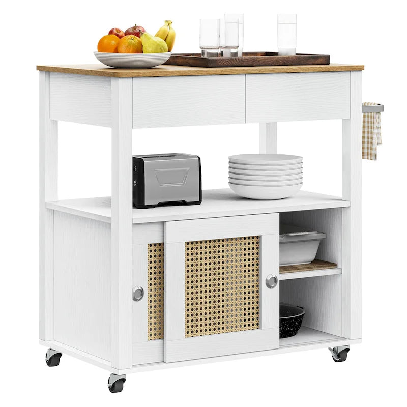 Rattan Rolling Kitchen Island with Storage Cabinet - 32.2L x 19.5W x 35H