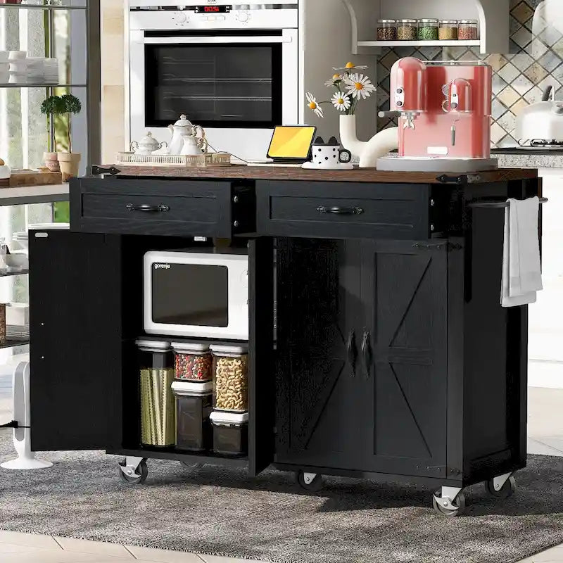 53.5-Inch Farmhouse Rolling Kitchen Island with Drop Leaf and Power Outlets