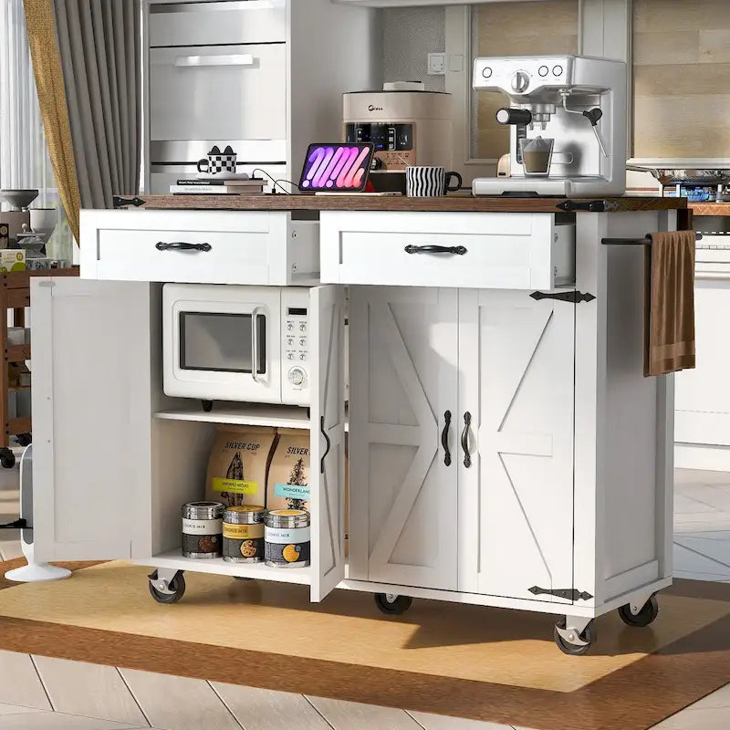 53.5-Inch Farmhouse Rolling Kitchen Island with Drop Leaf and Power Outlets