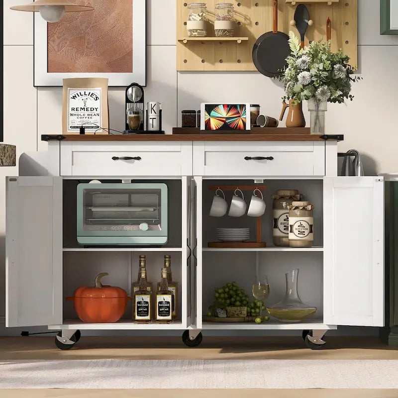 53.5-Inch Farmhouse Rolling Kitchen Island with Drop Leaf and Power Outlets