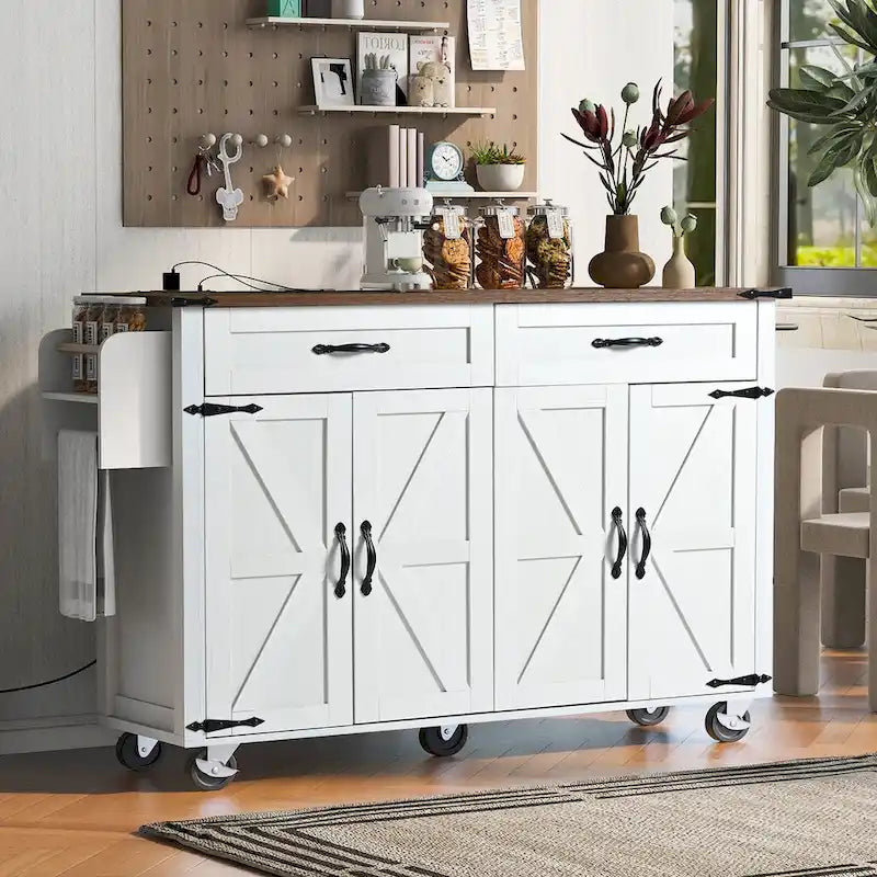 53.5-Inch Farmhouse Rolling Kitchen Island with Drop Leaf and Power Outlets