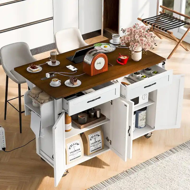 53.5-Inch Farmhouse Rolling Kitchen Island with Drop Leaf and Power Outlets